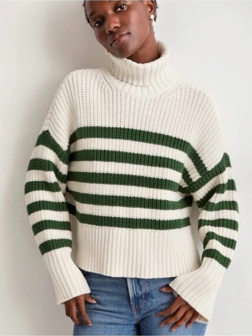 Madewell Striped Turtleneck Sweater Cream & Green Small Like New